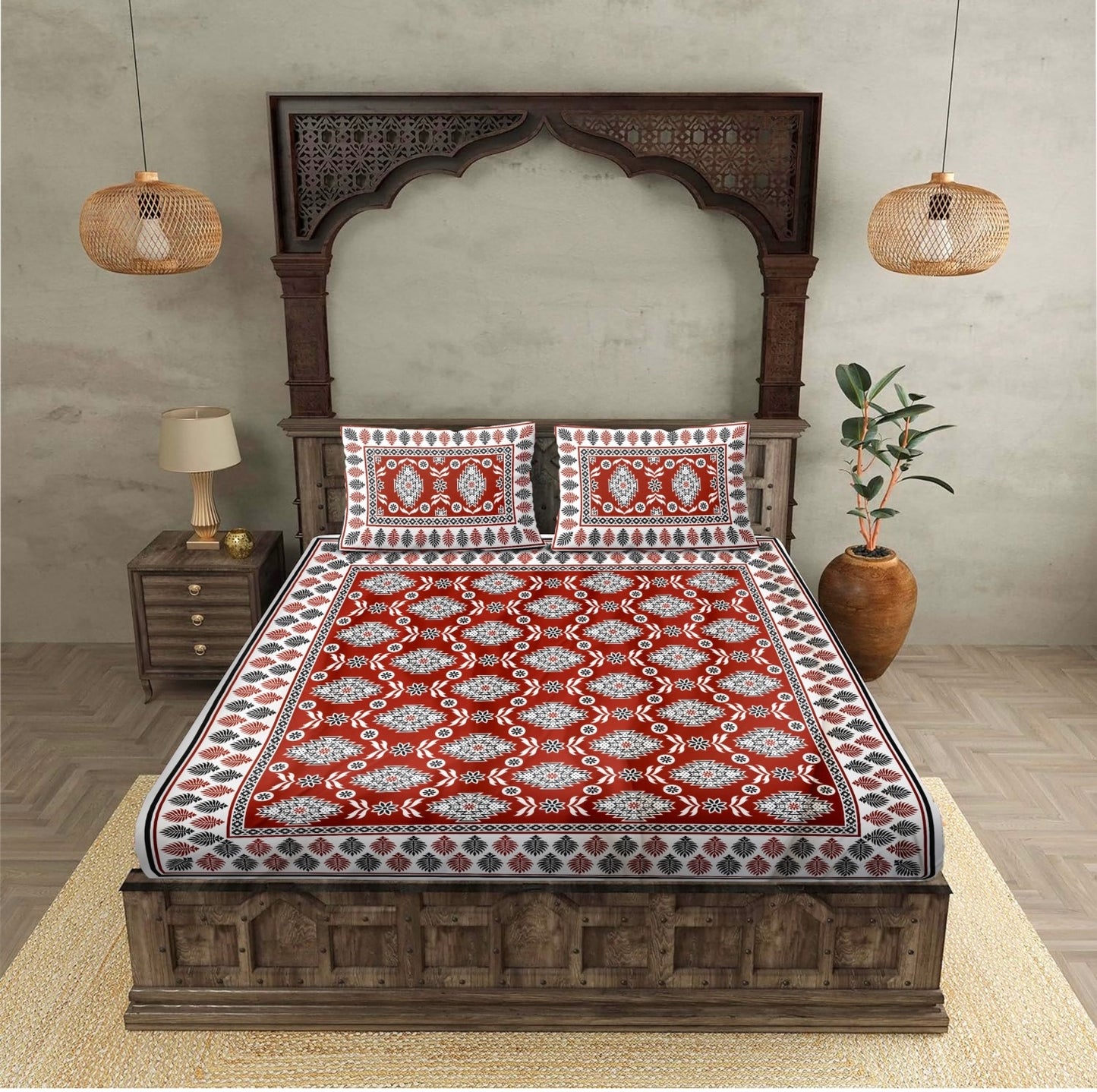 "Champion Red & ORANGE Abstract 100% Khadi Cotton Double Bed Bedsheet Set with 2 Pillow Covers "