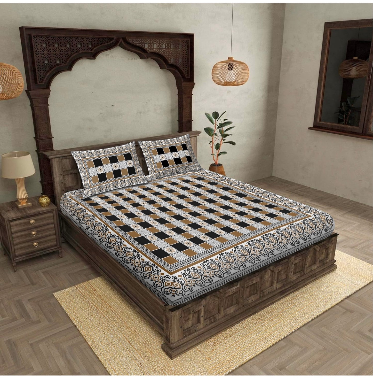 "HotSpot Brown & Black Abstract 100% Khadi Cotton Double Bed Bedsheet Set with 2 Pillow Covers "