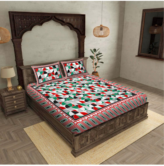 "Champion Red, Green & Black Abstract 100% Khadi Cotton Double Bed Bedsheet Set with 2 Pillow Covers "