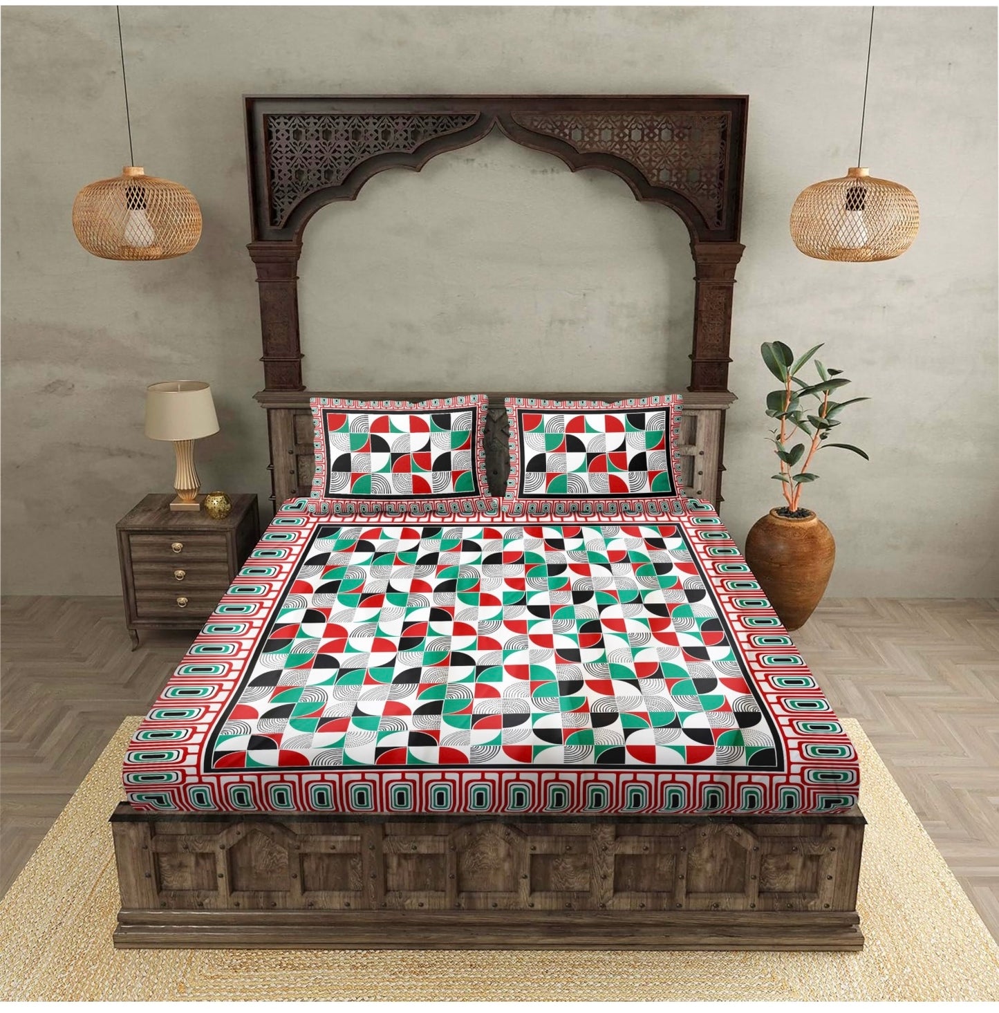 "Champion Red, Green & Black Abstract 100% Khadi Cotton Double Bed Bedsheet Set with 2 Pillow Covers "