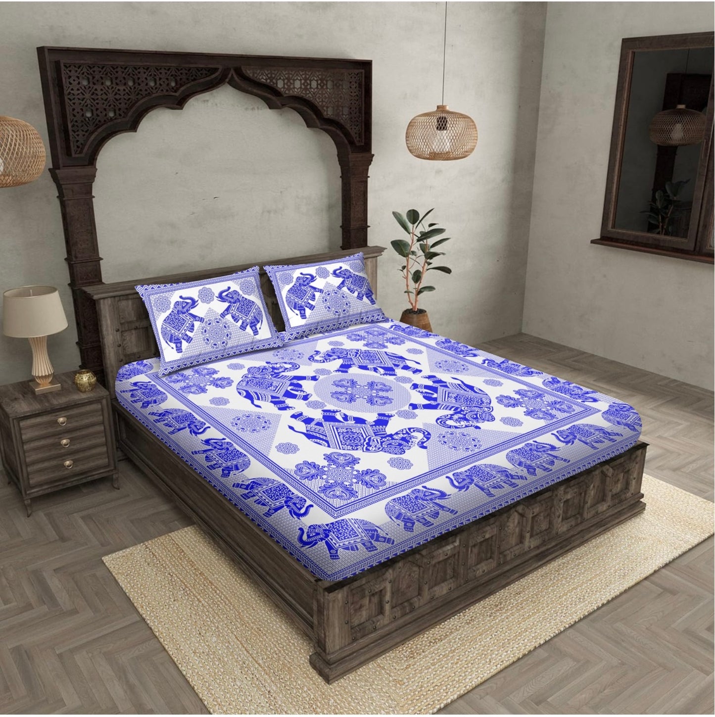 Warli Magic Blue Elephant double bed bedsheet size 90*100