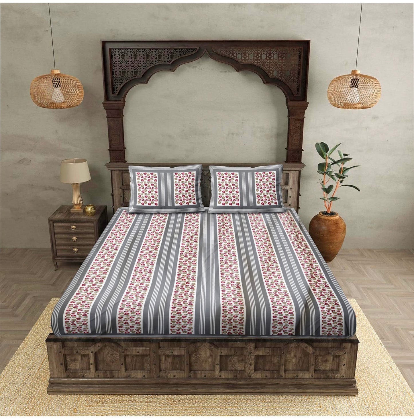 "HotSpot Multi-Color Abstract 100% Khadi Cotton Double Bed Bedsheet Set with 2 Pillow Covers "