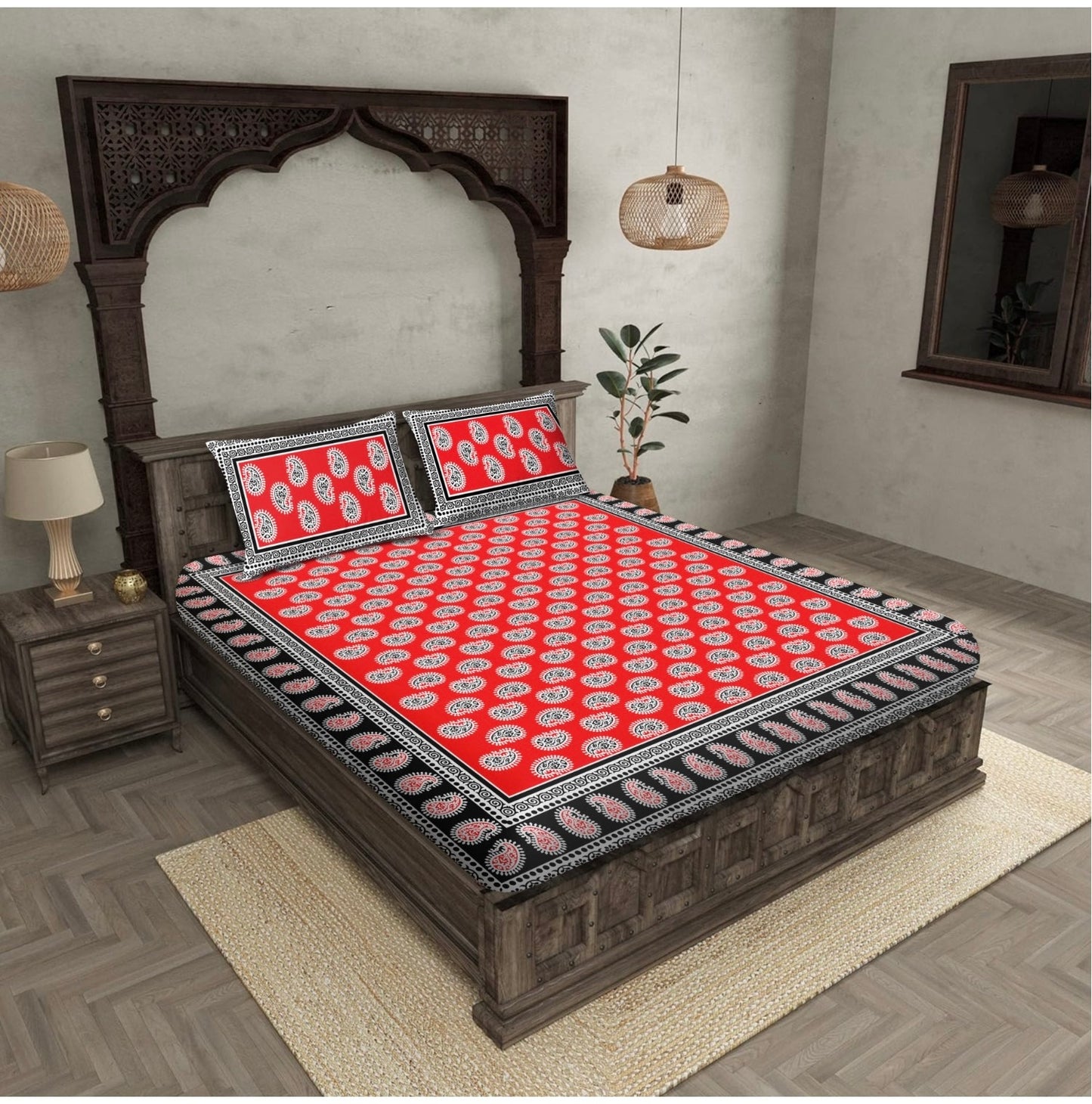 "Champion Red & ORANGE Abstract 100% Khadi Cotton Double Bed Bedsheet Set with 2 Pillow Covers "