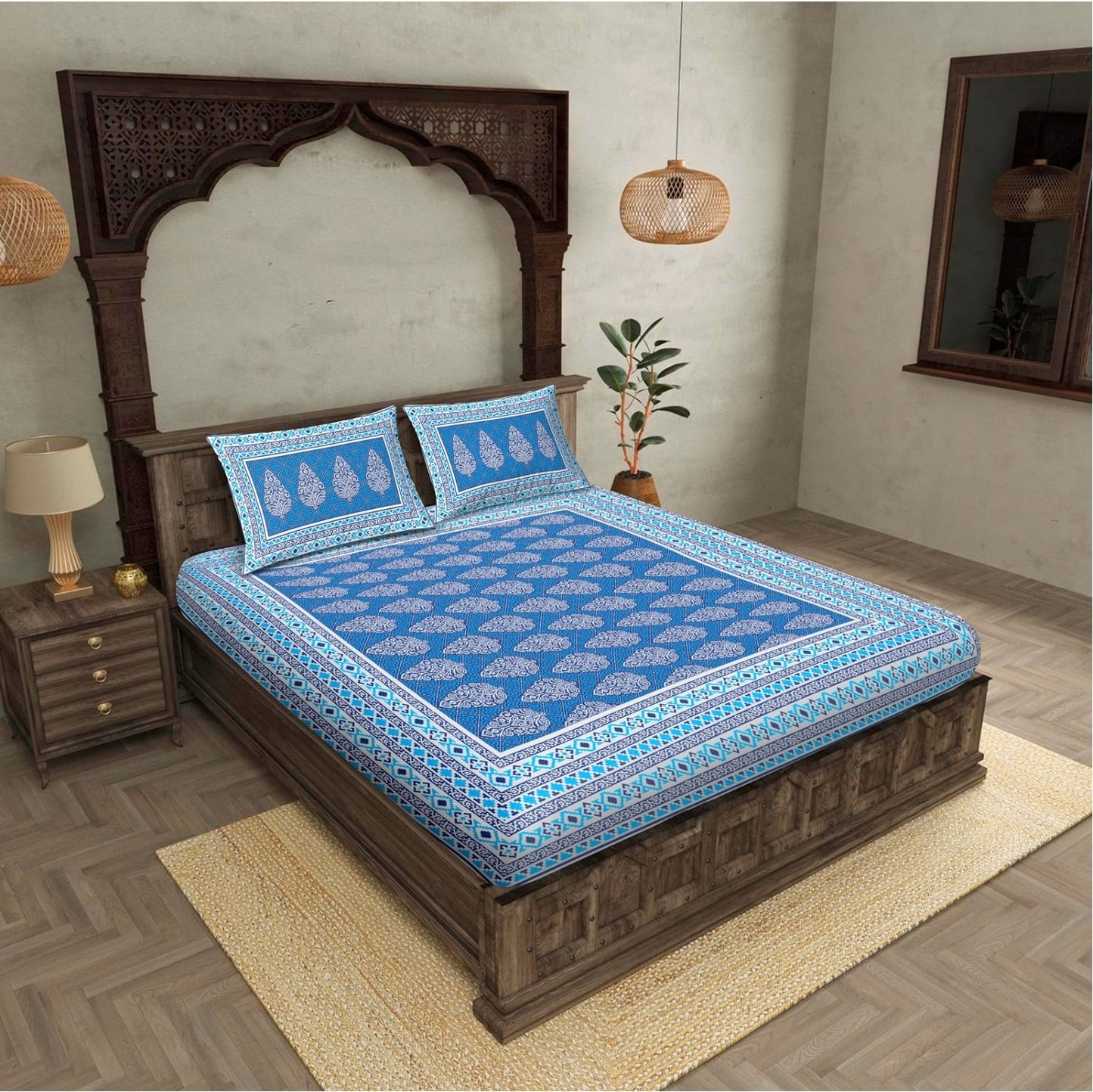 "HotSpot Blue & Sea-Green Abstract 100% Khadi Cotton Double Bed Bedsheet Set with 2 Pillow Covers "