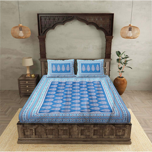 "HotSpot Blue & Sea-Green Abstract 100% Khadi Cotton Double Bed Bedsheet Set with 2 Pillow Covers "