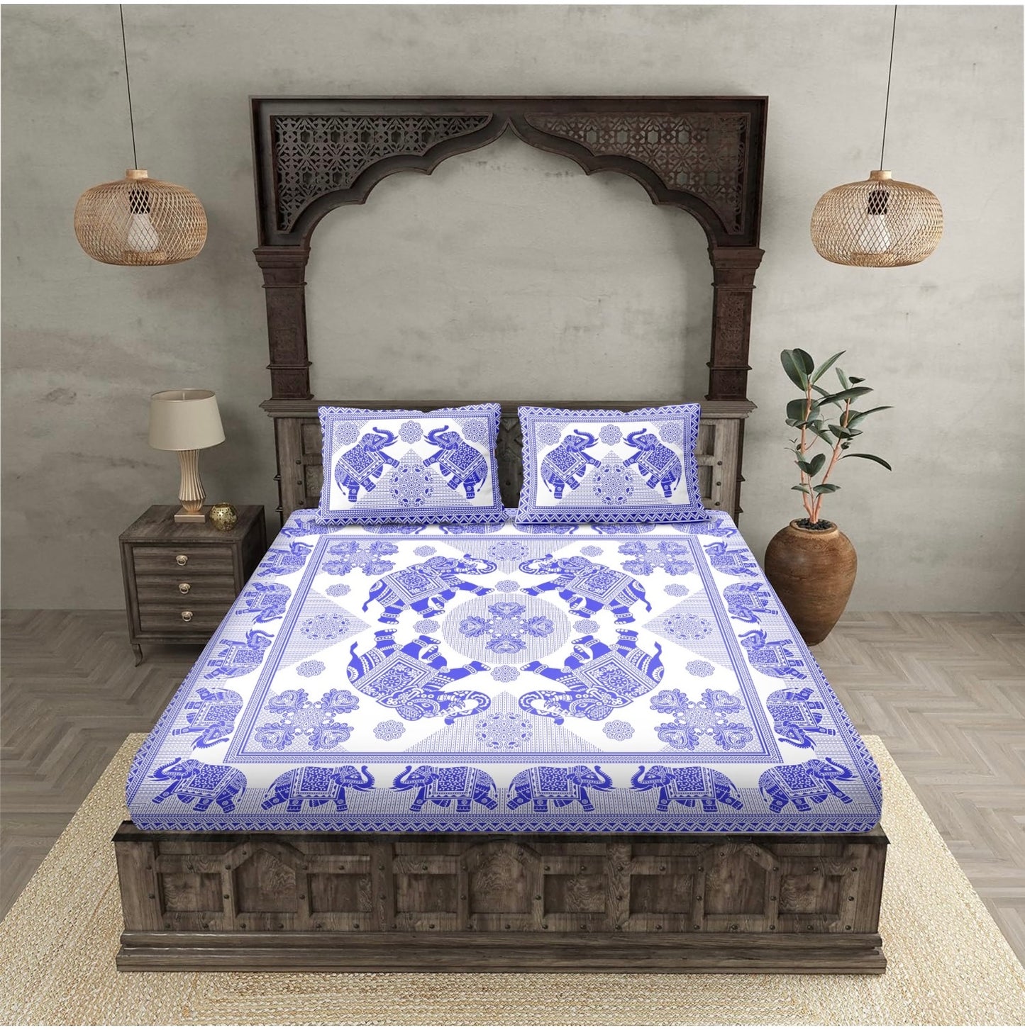 Warli Magic Blue Elephant double bed bedsheet size 90*100