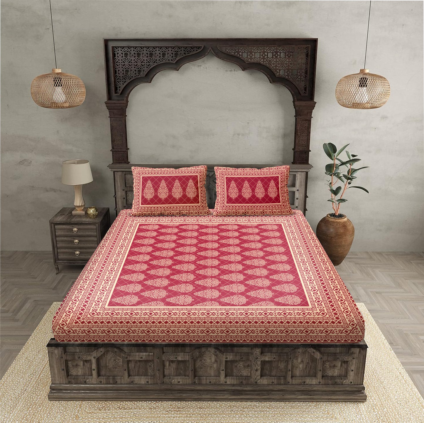 "Champion Red & ORANGE Abstract 100% Khadi Cotton Double Bed Bedsheet Set with 2 Pillow Covers "